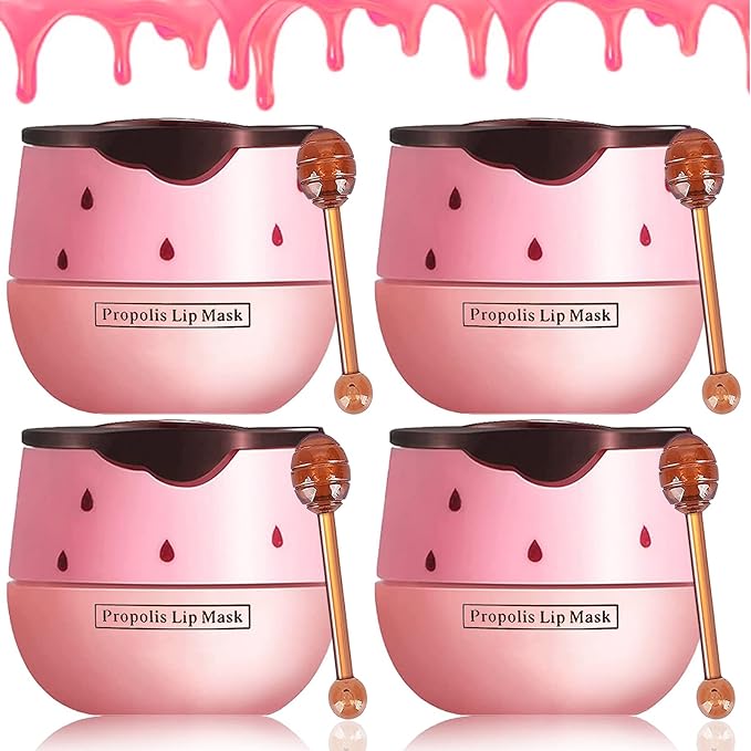 4 Pack Strawberry Lip Mask Bee Lip Balm Strawberry Pot Propolis Moisturizing Hydrating Lip Sleeping Mask Prevention Dry and Cracked Lip Scrubs Exfoliator (4-Strawberry)