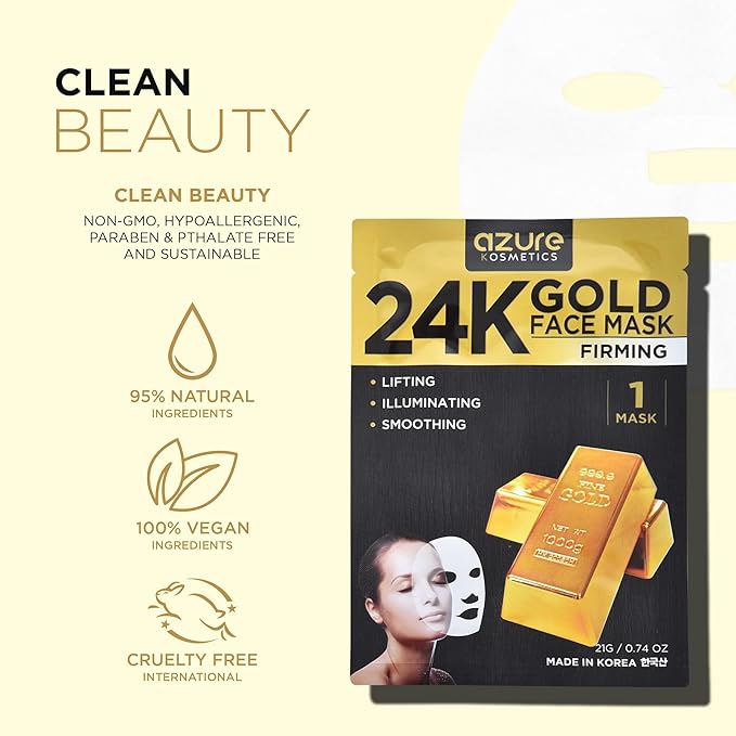 AZURE 24K Gold Face Mask- Anti Aging, Hydrating, Toning Facial Mask - Helps Reduce Wrinkles & Fine Lines with Hyaluronic Acid & Collagen - Skin Care Made in Korea - Pack of 10