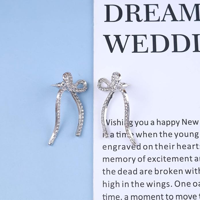Vintage Crystal Bow Earrings Rhinestone Bow Drop Earrings Long Cz Rhinestone Earrings Gold Bow Cz Stud Earrings Jewelry for Women