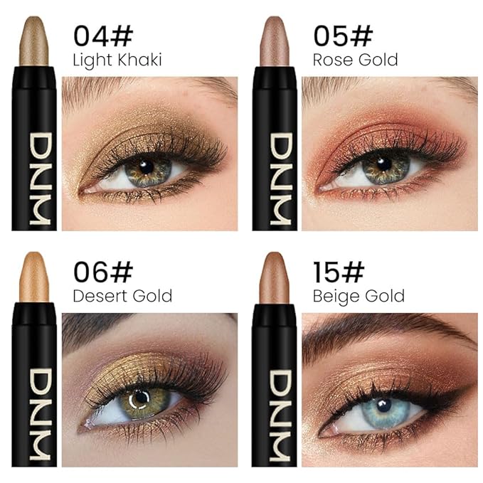 Kaely 4Pcs Metallic Shimmer Eye Shadow Sticks Set, Light Khaki Rose Gold Desert Gold Beige Gold, Eyeliner Pencil Eyeshadow Palette Halloween Makeup, Eye Highlighter Brightener Stick for Women