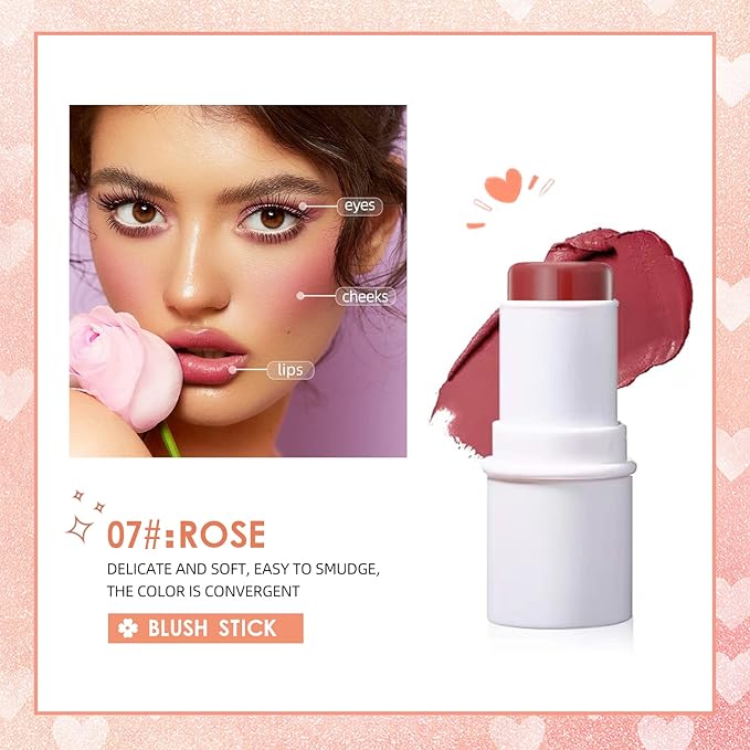 Blush Stick, Matte Cream Blush Stick for Cheeks, Eyes and Lips Natural Blush Makeup Waterproof Long Lasting(07 Rose Blush Stick)