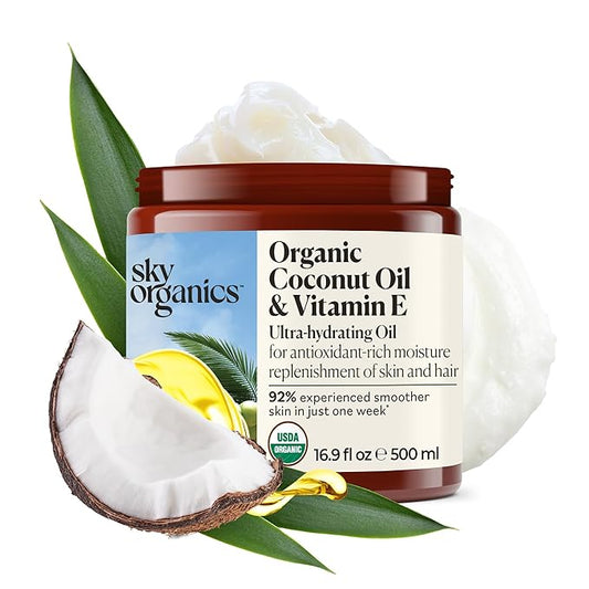 Sky Organics - Organic Coconut Oil & Vitamin E, 16.9 fl oz - Skin & Hair Ultra-Hydrating Oil - Fatty Acids & Antioxidants - Natural, Vegan & Cruelty Free - Skin Care & Hair Care w Ebook