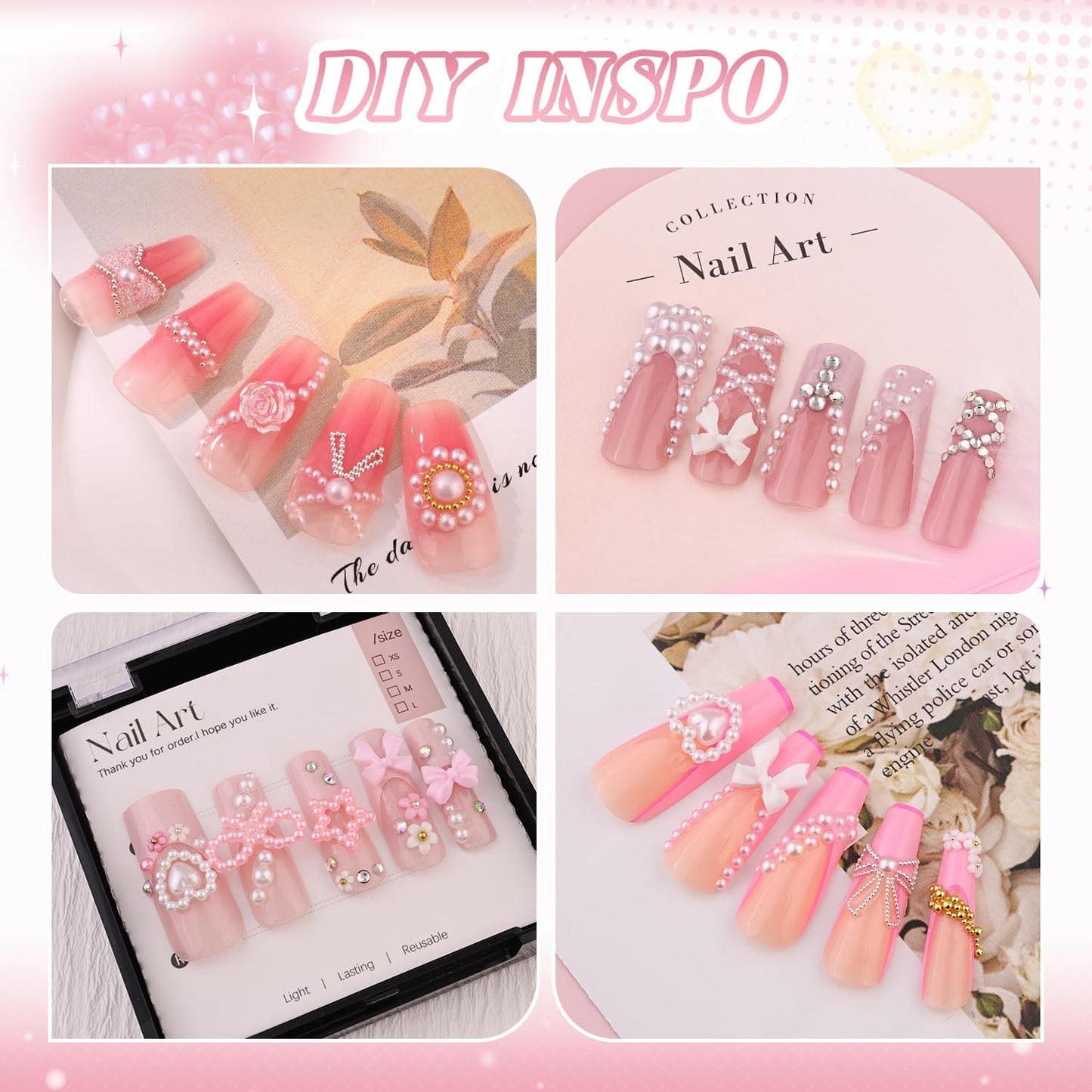 Flatback Pearls (White) and Metal Nail Beads (Silver+Gold) with Rhinestones Glue Gel for Nail Art, Pearl Nail Charms and Round Caviar Beads 3D Flowers Camellia Bows Star Heart for Manicure Decor