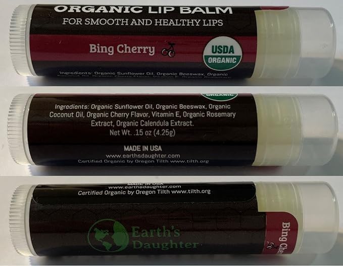 USDA Organic Lip Balm 4-Pack by Earth's Daughter - Cherry Flavor, Beeswax, Coconut Oil, Vitamin E - Best Lip Repair Chapstick for Dry Cracked Lips.