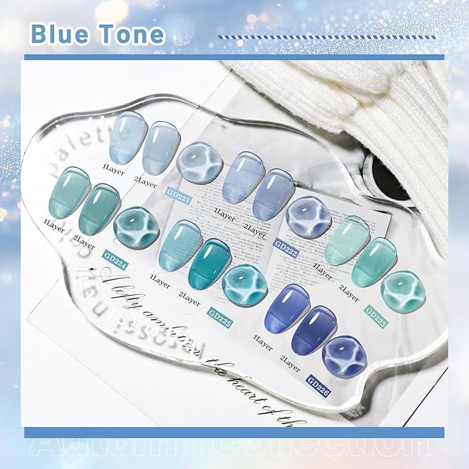 JODSONE 10ml 6 Colors Jelly Gel Nail Polish Set Ocean Blue Turquoise Gel Polish with Crystal Long Lasting All Seasons Need U V Lamp