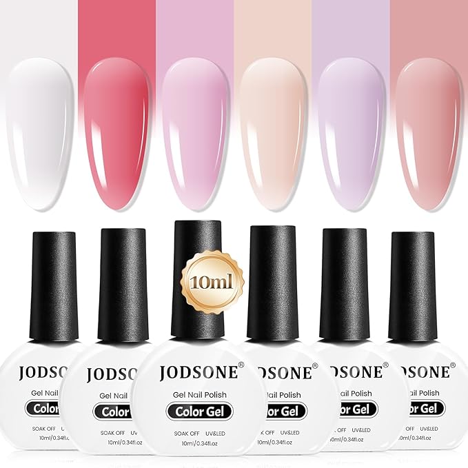 JODSONE 10ml Jelly Gel Nail Polish Set 6 Pale Colours White Pale Red Soft Pink Natural Nude Pale Purple Fresh Pink Purple All Seasons Neutral Soak off LED Lamp Gel Manicure Set for Nail Art
