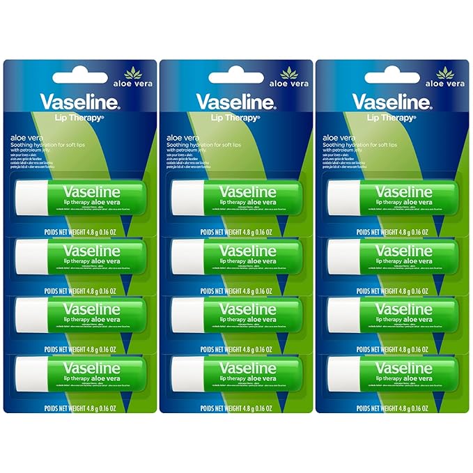 Vaseline Lip Therapy Aloe Fresh - Hydrating Lip Balm Pack, Vaseline Stick, Lip Moisturizer for Dry Lips, 0.16 Oz Each (Pack of 12)
