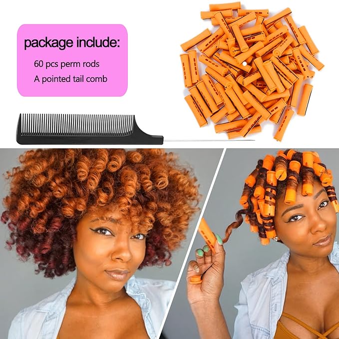 60pcs Perm Rods Set for Natural Hair Cold Wave Rods Hair Rollers for Women's Long Medium short Hair Curler Styling DIY Hairdressing Tools(Orange)