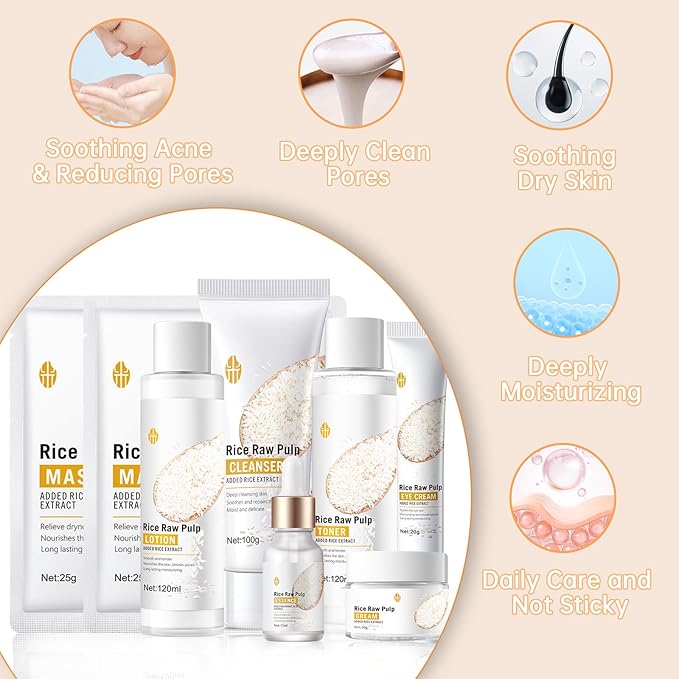 Rice Deep Nourishing Facial Care Set, 6Pcs Face Care Set for Women, Skin Care Set Includes Facial Cleanser, Toner, Lotion, Essence, Cream and Eye Cream.