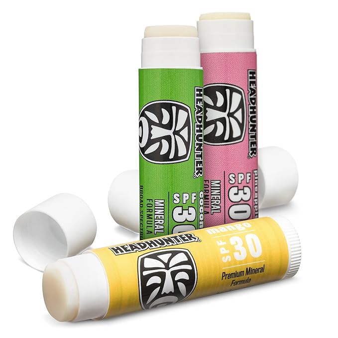 Headhunter Sport Chapstick Sunscreen SPF 30, Natural Mineral Waterproof Lip Balm For Sun Protection, Ultra Solar Defense - Reef Safe Sunblock Chap Stick, 3 Flavors - Coconut, Pineapple, Mango (12 Pack)