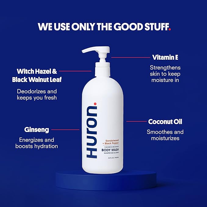 Huron Men’s Moisturizing Body Wash - Clean & Woody Scent of Sandalwood, Black Pepper, Cedarwood, & Amber - Made With Coconut Oil, Vitamin E & Witch Hazel - Vegan, Cruelty-Free - 32 fl oz