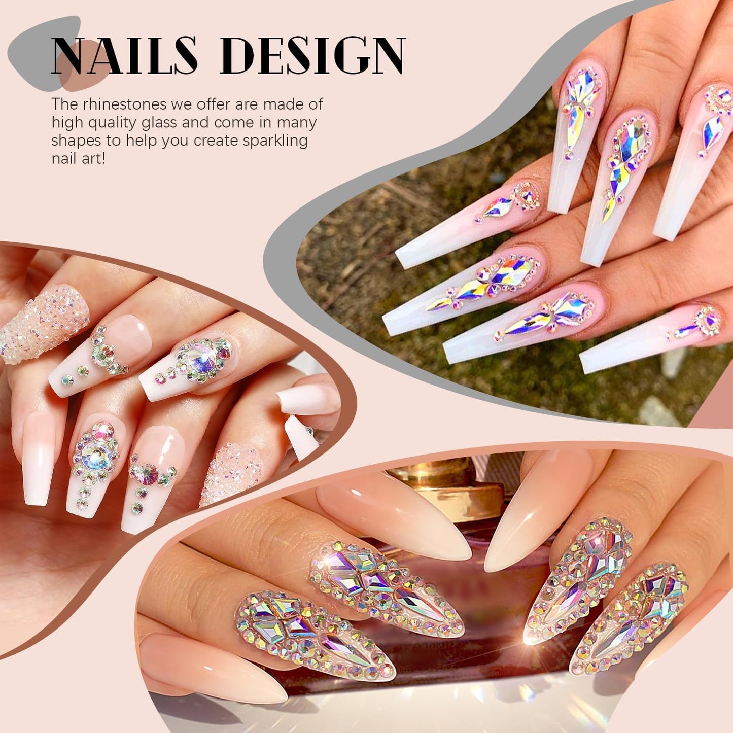 2060Pcs AB Glass Nail Rhinestones 60Pcs Multi Shapes Flatback Nail Gems + 2000Pcs 1.5-4mm Round Crystal, Manicure Nail Charms Diamond Gemstones for Acrylic Nails Decoration