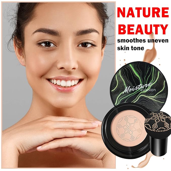 2PCS Mushroom Head Air Cushion CC Cream BB Cream Foundation,Moisturizing Concealer Makeup Base Foundation,Long Lasting Full Coverage Foundation with Mushroom Makeup Sponge(Natural)