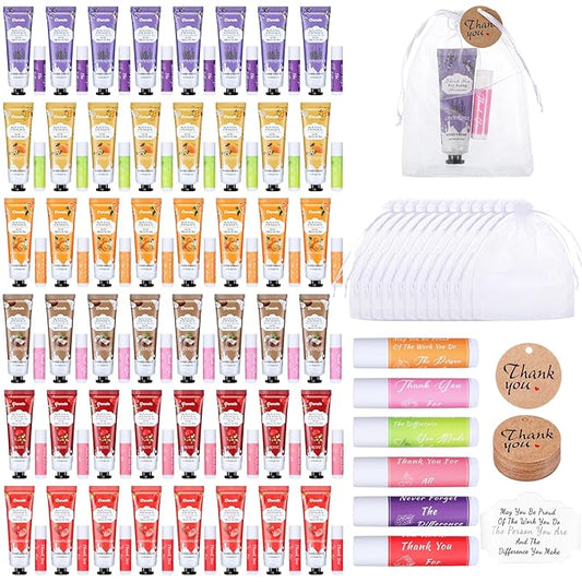 48 Set Thank You Gifts for Employee Hand Cream and Lip Balm Bulk Set with Organza Bag Thank You Card Hand Lotion Appreciation Gift Set for Women Men Coworkers Volunteer
