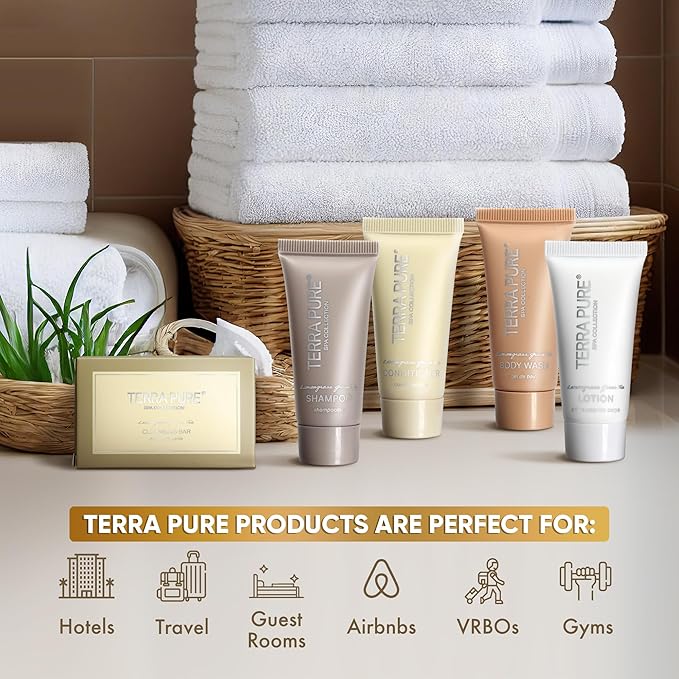 Terra Pure Spa Collection Bulk Set Toiletries | 1-Shoppe All-In-Kit Amenities for Hotels & Airbnb | 0.85 oz Hotel Shampoo & Conditioner, Body Wash, Lotion & Cleansing Bar Travel Size Tubes| 300 Pieces