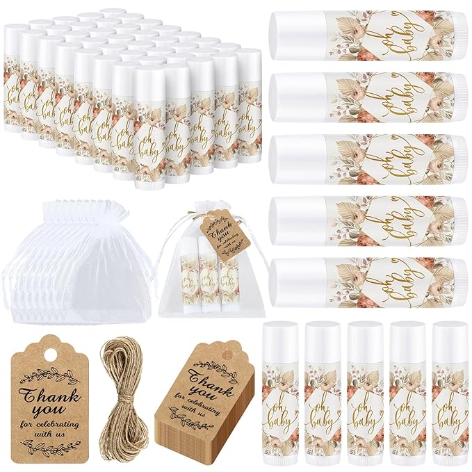 Demissle 50 Pcs Baby Shower Lip Balm Gift Set with 100 Pcs Organza Bags Baby Shower Party Favor for Guest Thank You Tag Rope Baby Shower Party Decoration Gender Reveal Souvenirs(Colorful Plants)