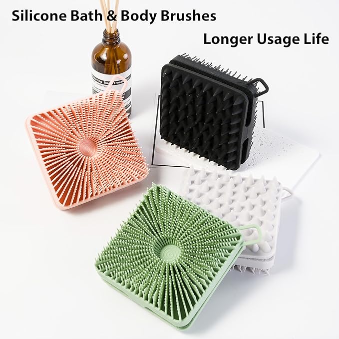 2 PC Silicone Exfoliating Body Scrubber, Silicone Body Shampoo Brush, Soft Silicone Loofah for Sensitive Skin, Shower Silicone Hair Scalp Massager, Easy to Clean, Lather Well(Black&Green)