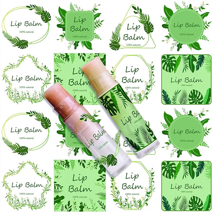 CRASPIRE Lip Balm Labels 80pcs Homemade Lip Balm Labels 2” Clear Lip Balm Labels for Tubes Printable Waterproof Lip Balm Stickers Labels for Lip Balm Handcream Candle Container(Leaves-White Green)