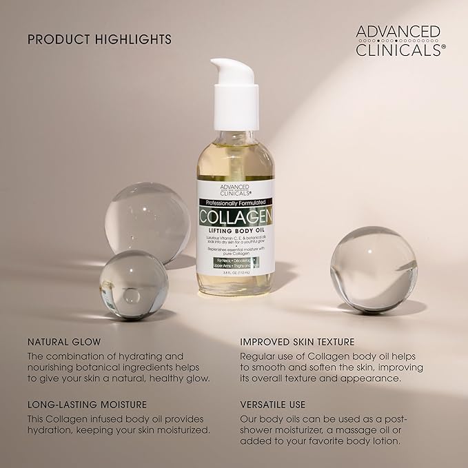 Advanced Clinicals Unscented Collagen Cream Face Moisturizer & Body Lotion + Collagen Body Oil Skincare 2pc Set For Women & Men Helps Reduce Appearance Of Crepey Skin, Wrinkles, & Dry Skin, 2PC Set