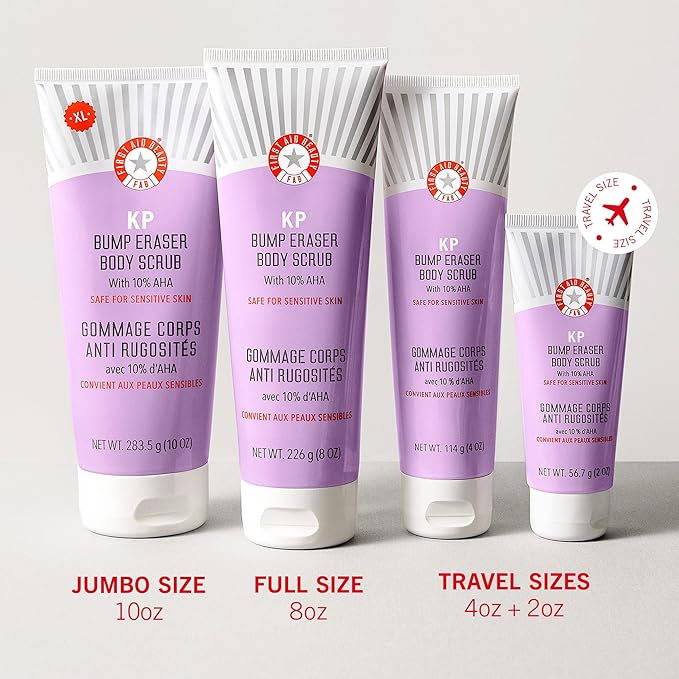 First Aid Beauty KP Bump Eraser Body Scrub Exfoliant for Keratosis Pilaris with 10% AHA – 8 oz + Bonus 1 oz Travel Size Tube