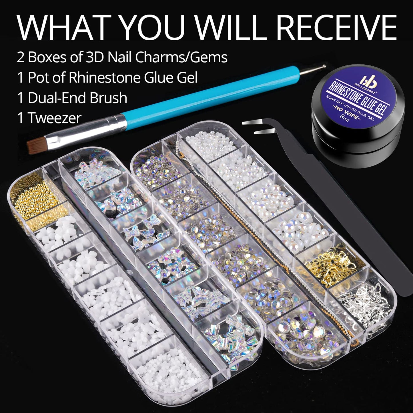 Mixed 3D Nail Art Gem Decoration Accessories Kit #5, Aurora Bear Bow Butterfly Starry AB Rhinestone Charm Jewelry for Deco, Pearl Flower Caviar Bead Stone Crystal with Dual-End Brush and Tweezer