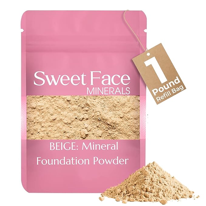 (1 Pound) (Beige) Foundation Powder Refill By Sweet Face Minerals, Lightweight Mineral Loose Makeup Powder with SPF 20, Full Coverage Flawless Finish, Talc-free, Cruelty-Free, Refill Pouch