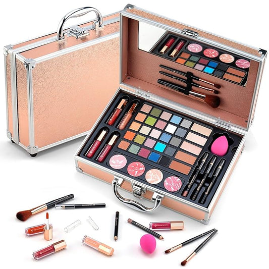 Makeup Kit for Women,All in One Makeup Gift Set for Girls in Cosmetic Train Case (Gold) With Mirror,Full Starter Cosmetic Kit Includes Eyeshadow Palette,Lipgloss,Blushes