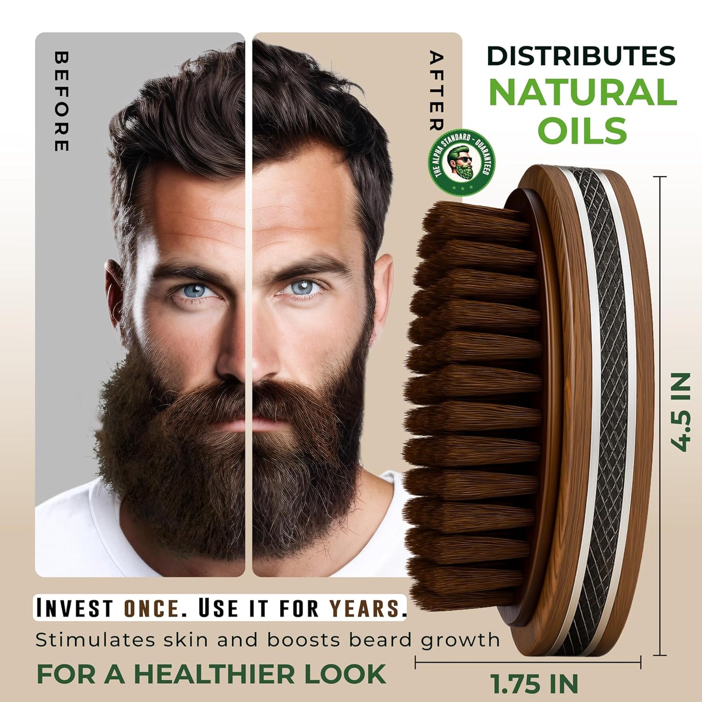 Premium Handmade 4.5" Boar Bristle Beard Brush for Men – Natural Walnut Wood & Non-Slip Rubber Grip – Men’s Grooming Brush for Short, Medium & Long Beards – Mustache & Beard Care Tool – Alpha Organics