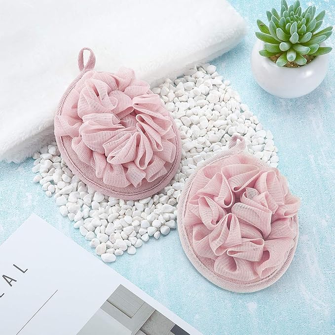 Boao Bath Shower Pouf Sponge Mesh Pouf Shower Ball Exfoliating Body Sponge Pad Scrubber Glove with Flower Bath Ball (3 Pcs,Pink)