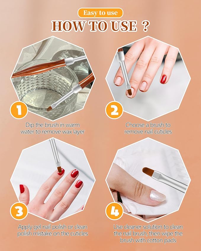3PCS Nail Art Clean Up Brushes, Round/Angled/flat Acetone Resistant Gel Nail Polish Remover Brush, Nail Brushes for Tidying Up Polish Mishaps on Cuticles, and Nail Art Designs(Wood color)