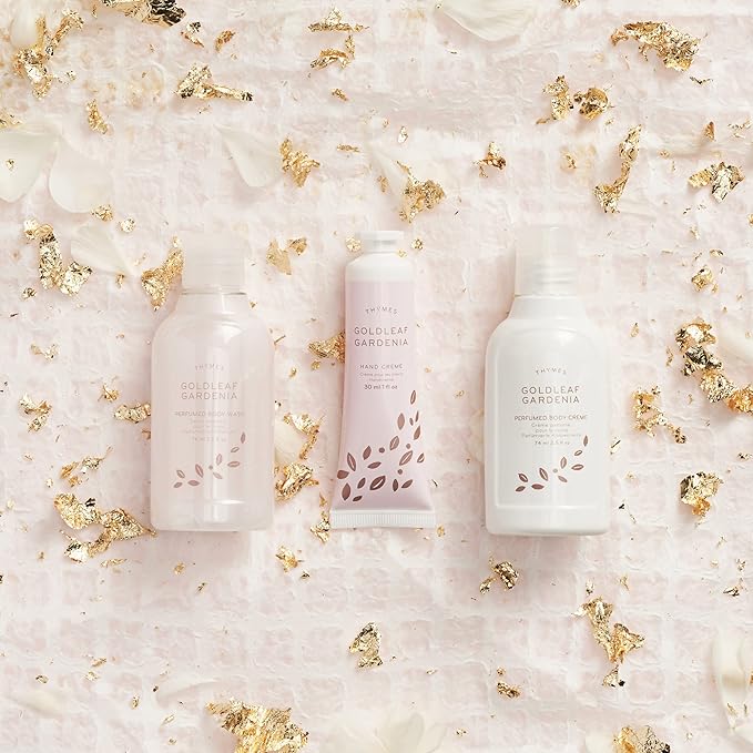 Thymes Perfumed Travel Set and Beauty Bag - Contains Body Wash, Body Lotion & Hand Cream - Goldleaf Gardenia