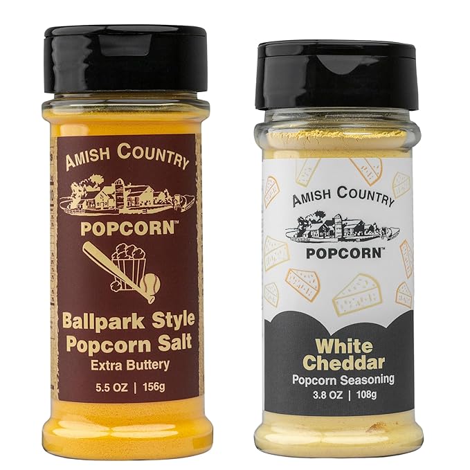 Amish Country Popcorn | Seasoning Variety Pack | BallPark Style Buttersalt - 5.5 oz and White Cheddar Cheese - 3.8 oz | 2 Pack Popcorn Seasoning