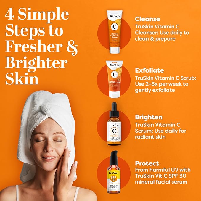 TruSkin Vitamin C Gentle Face Scrub - Brightening Daily Face Exfoliator for All Skin Types - Softens & Smooths Skin with Vitamin C, Yuzu Lemon, and Exfoliating Bora Bora White Sand - 4 Fl. Oz