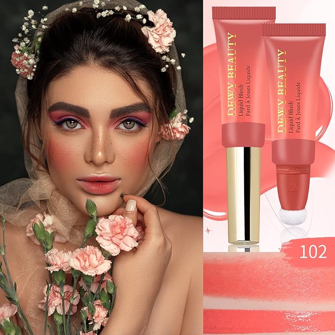 Liquid Blush Makeup Wand, Cream Liquid Blush with Cushion Applicator For Cheeks Tint, Natural-looking, Glow Dewy Finish, Weightless Blendable Liquid Blush Stick | #102 ENERGETIC-Coral Orange