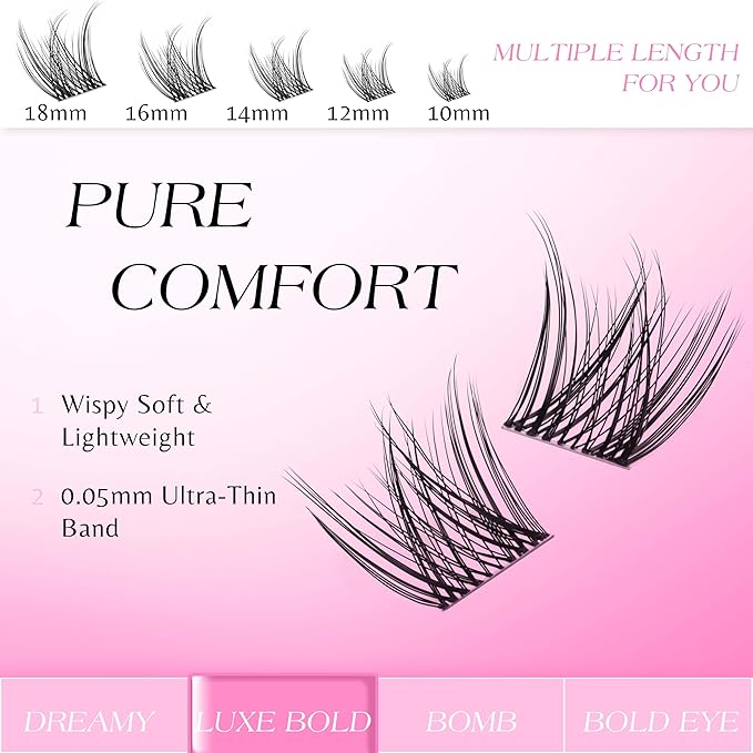 VEYESBEAUTY Lash Clusters Individual Eyelash Extensions Thin & Invisible Band DIY False Eyelashes for Self-application Newbie's Five-Second Series Wispy Lash Tray, LuxeBold 10mm Single Length