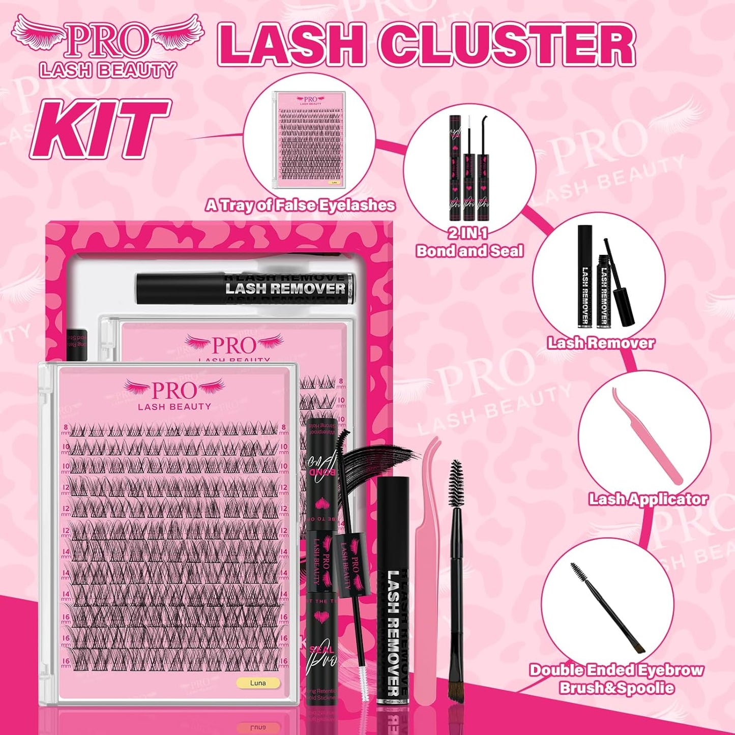 PROLASHBEAUTY Natural Lash Clusters Kit Lash Extension Kit Wispy Lash Clusters Lash Bond Remover Eyelash Applicator Beginner DIY Lashes Kit Easy to Use(Luna,8-16mix)
