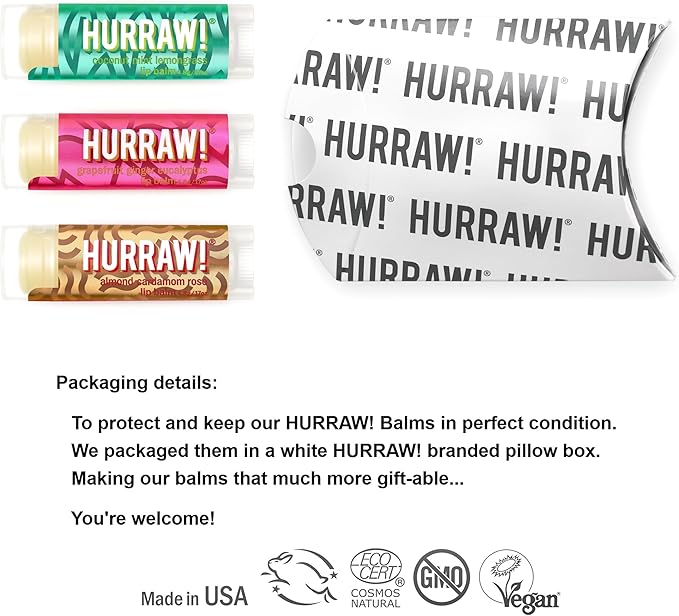 Hurraw! Pitta (Coconut, Mint, Lemon Grass), Kapha (Grapefruit, Ginger, Eucalyptus), Vata (Almond, Cardamon Rose) Lip Balms, 3 Pack Bundle: Organic, Certified Vegan, Cruelty, Gluten Free, 100% Natural