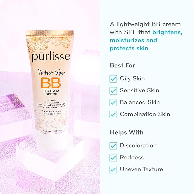 pūrlisse Perfect Glow BB Cream with SPF 30 - Matte Meets Dewy Finish - Enriched with Goji & Hawthorn Berry to Help Improve Skin Texture & Radiance - Light Warm (1.4 oz)
