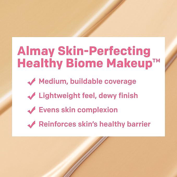Almay Skin Perfecting Healthy Biome Foundation Makeup with Prebiotic Complex SPF 25, Hypoallergenic, -Fragrance Free, 100 Fair, 1 fl. oz.