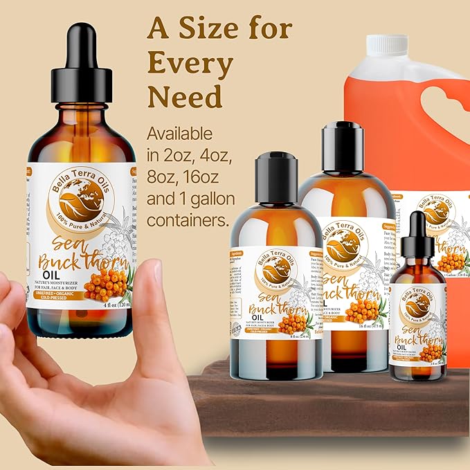 Bella Terra Oils Pure Sea Buckthorn Oil – 1gallon, Enhances Hair and Skin Appearance, Rich in Nutrients, Non-Greasy, Quick Absorbing