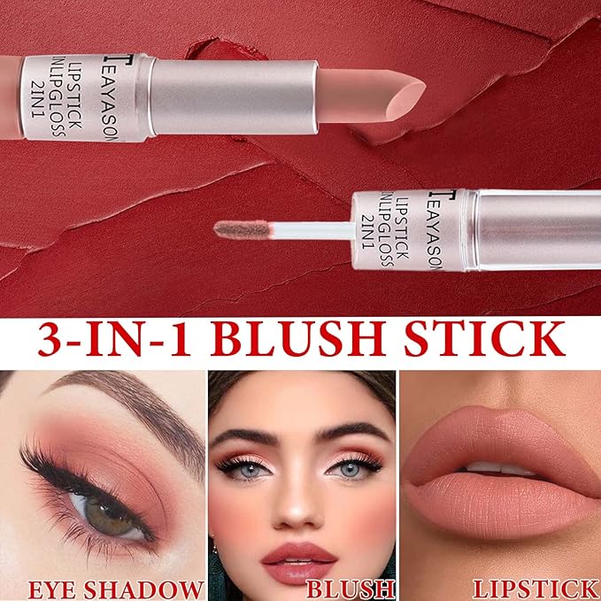 Cream Blush Stick,Blush Stick for Cheeks with Contour Brush,3-in-1 Long Lasting Waterproof Blush&Eye Shadow&Lip Gloss for All Skin Types(02 Rose Pink)