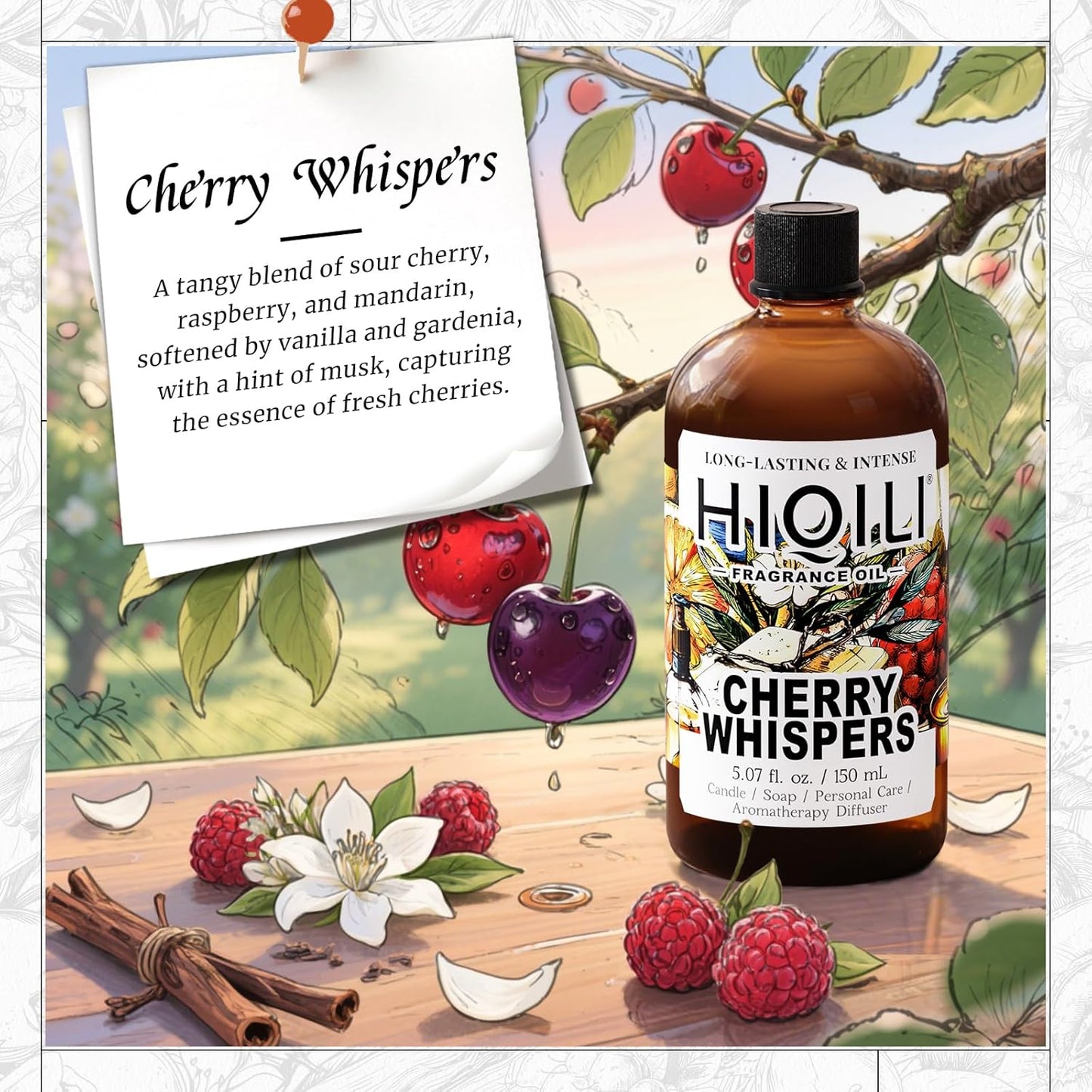HIQILI Cherry Whispers Fragrance Oil for Soap, Candle Making, Inspired by E.scd Cherry in-t.Air, Wool Dryer Balls, Home Luxury Scents for Laundry & Bathroom Use - 5.07 Fl Oz