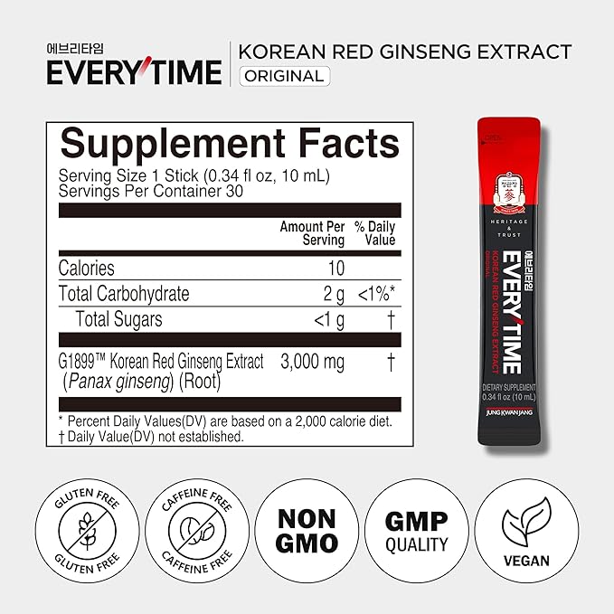 JungKwanJang Everytime Korean Red Ginseng Extract Stick 3,000mg Original - Adaptogen Energy Drink Liquid Stick Supplements - Energy Boost & Immune Support, Caffeine Free (30 Sticks)