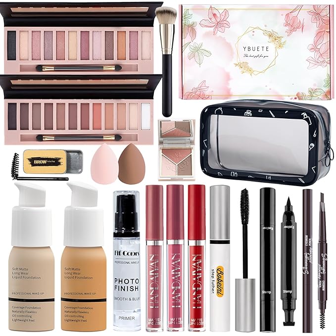 Makeup Set Kit for Women Full Kit, Makeup Gift for Makeup Beginner, Eyeshadow Foundation Face Primer Brush 3 in 1 Palette Lip Gloss, Eyebrow Soap Mascara Eyeliner cosmetic bag
