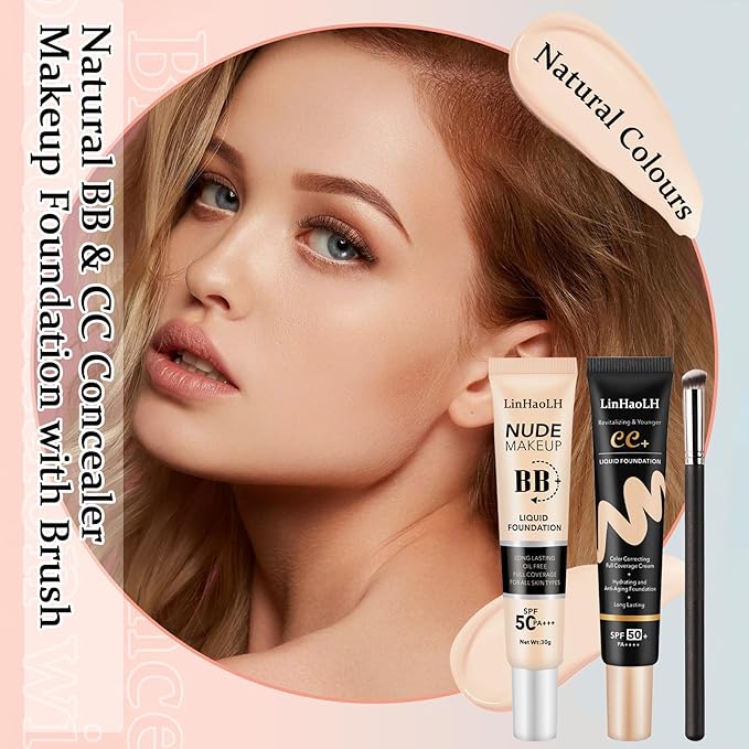 Full Coverage Concealer Foundation,Oil Control Long Lasting Lightweight BB Cream Tinted Face Moisturizer with SPF 50+ PA+++,Moisturizing CC Cream Liquid Foundation Makeup Brush Set(2 Pack)