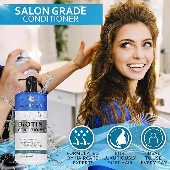 BELLISSO Biotin Conditioner - Sulfate Free Hair Thickening Products for Women and Men - Deep Conditioning Treatment for Dry Damaged Strands