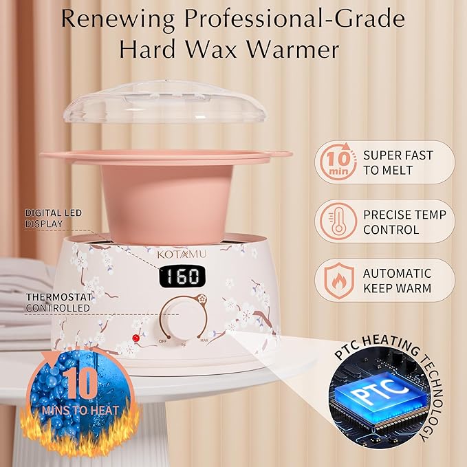 KOTAMU Waxing Kit for Women & Men, Wax Warmer for Hair Removal, Digital Wax Kit with Silicone Pot,Ideal for Face Eyebrow Arm Legs Armpit &Sensitive Skin, Cherry Waxing Machine for Home Salon Use