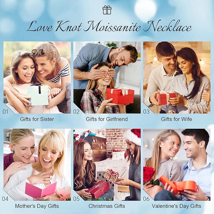 MOOSEA Christmas Gifts for Women Wife - 925 Sterling Silver Love Knot Moissanite Necklace 1-3ct D Color VVS1 Clarity Lab Created Moissanite, Anniversary Birthday Gifts for Women Wife Mom Girlfriend