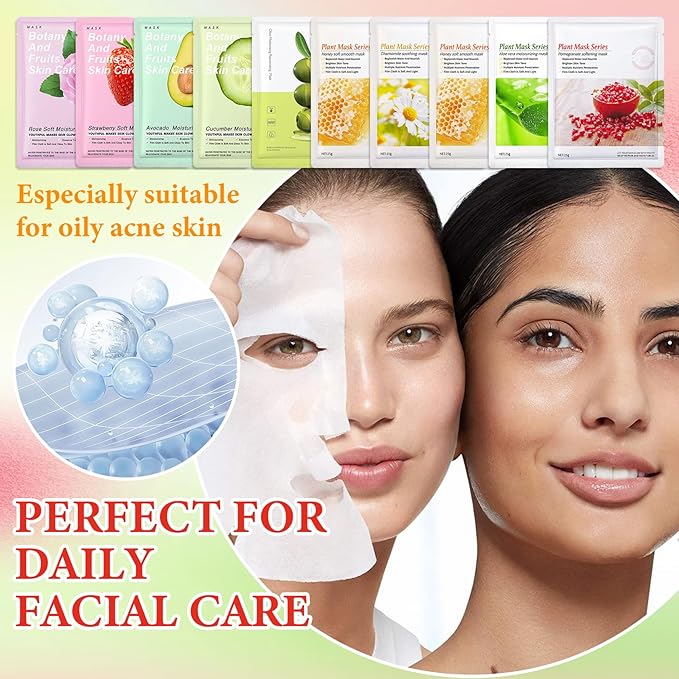 10 Pack Variety Facial Sheet Masks Skin Care Set, Hydrating Bulk Sheet Face Masks Skincare Gifts Set for Women Men, Long Lasting Moisturizing Face Mask Skincare for All Skin Type(B)