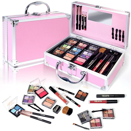 Makeup Kit for Teens Girls Women, Full Starter Cosmetics Set, Makeup Gift Set, Beginner Makeup Kit, Cosmetic Train Case For Women Full Kit, Included Eyeshadow Blusher Contour Eyebrow Powder